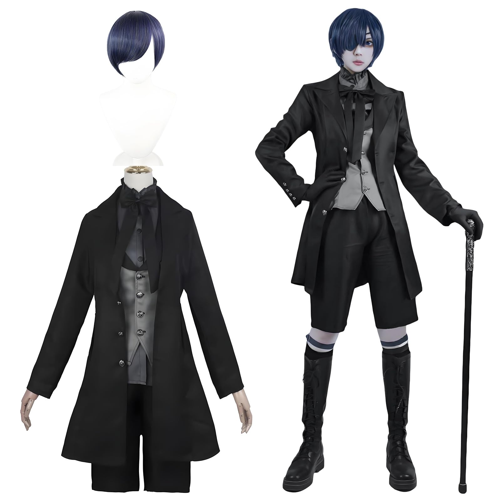 

Косплей-костюм Сиэля Фантомхайва с дьявольским черным костюмом для школьных и сценических выступлений Фантомхайв Включает Размер [Отличное Качество] Парик, Стиль,