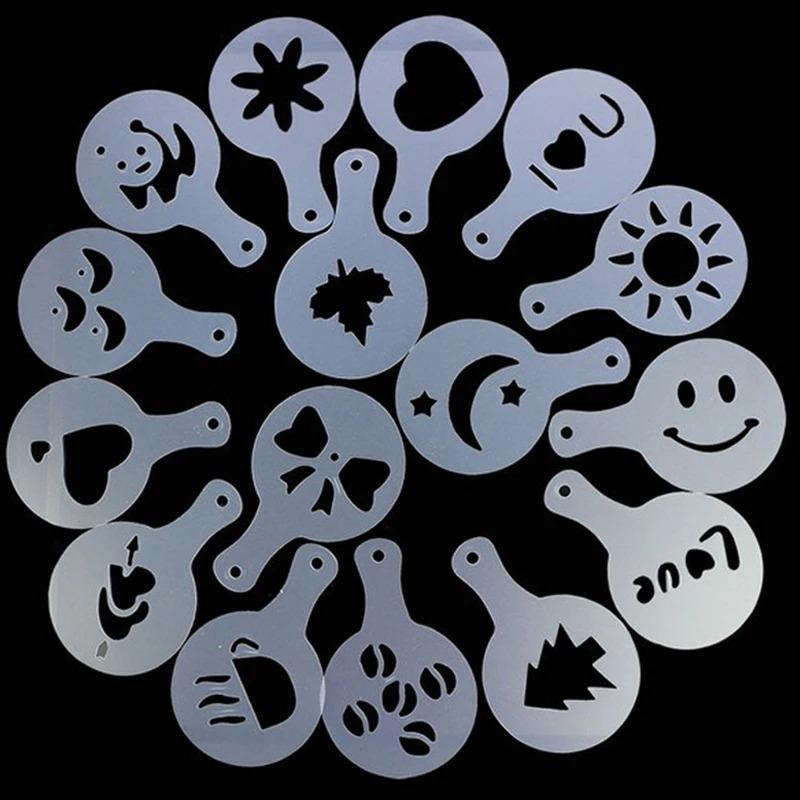 Stainless Steel Chocolate Shaker Cocoa Flour Coffee Sifter 16Pcs Coffee Stencils Template Strew Pad Duster Spray Tools