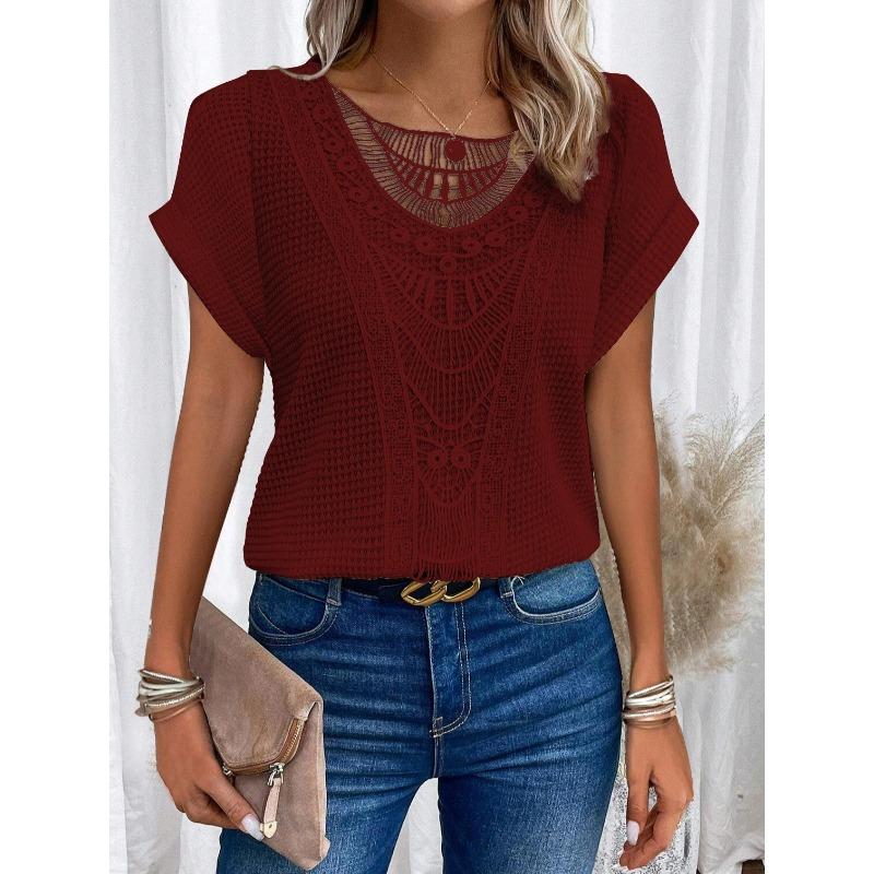 European and American Spring and Summer New Lace Patchwork Short Sleeved T-shirt Versatile Women's Clothing
