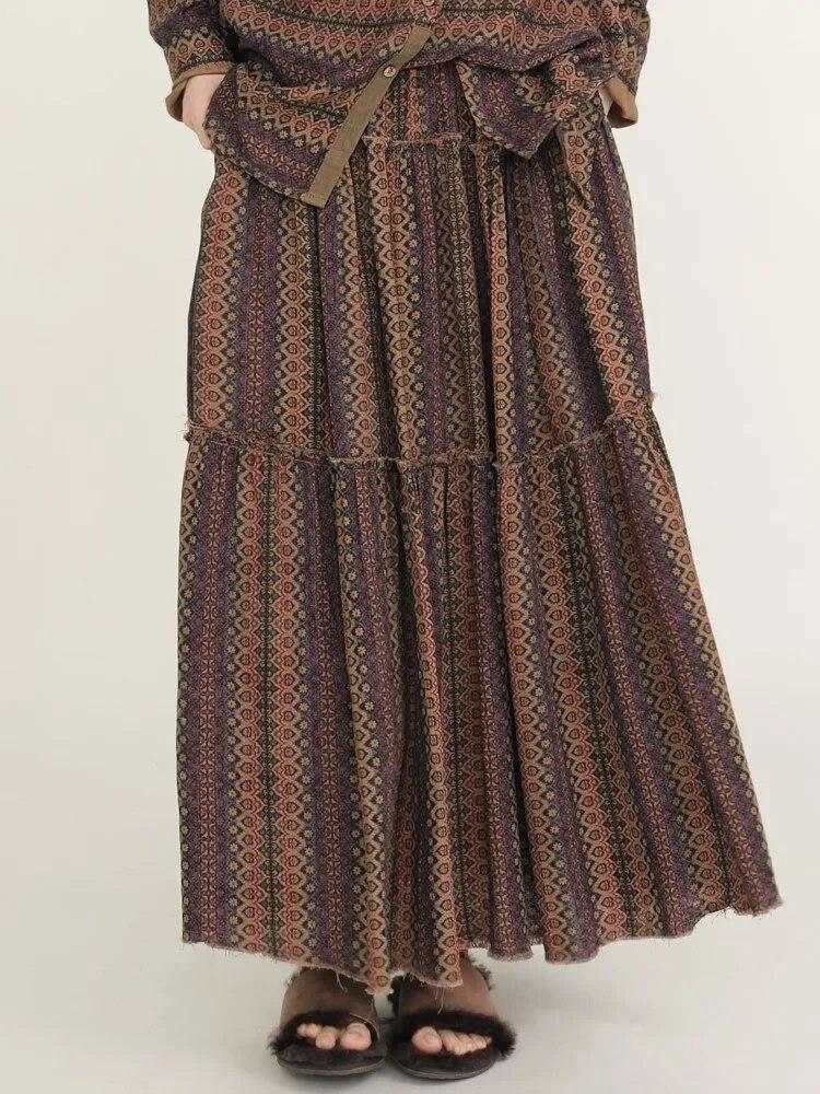 Johnature Frauen Drucken Floral A-linie Röcke Elastische Taille Baumwolle Weiche Kleidung Herbst Patchwork Vintage Frauen Röcke