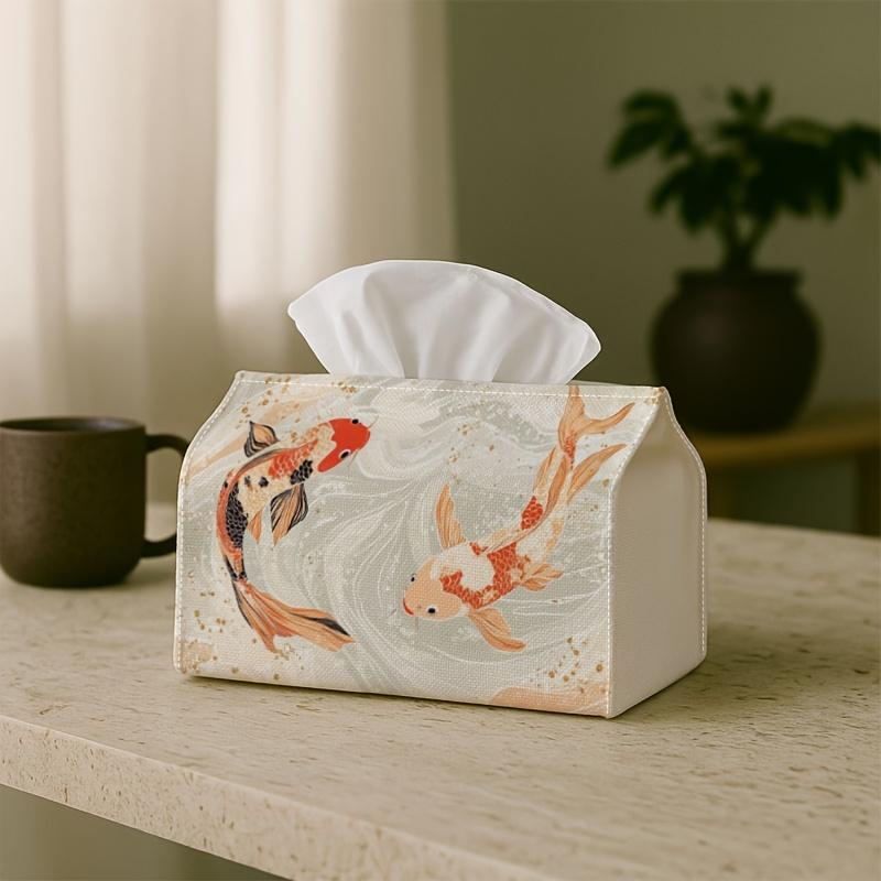 1pc Oriental Aesthetic Elegant Tissue Box - Koi Fish Water Flow, 17.02*25.91cm, Ideal for Kitchen, Living Room, Bedroom, Bathroom - Holiday Decor, Bat