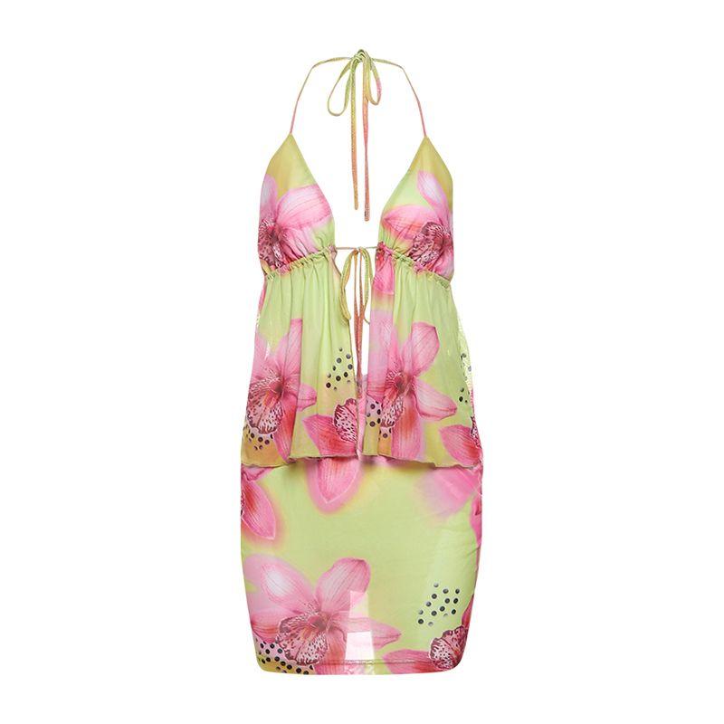 

# Sisjuly# Горячий Праздничный Отпускной Стиль Цветочный Принт Холтер Шнуровка Кардиган Облегающая Юбка Наряд Женский Color L