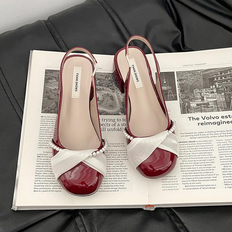 Vintage Pearl Kink Thick Heel Baotou Sandals Fairy Single Shoes with Skirt Mary Jane Shoes