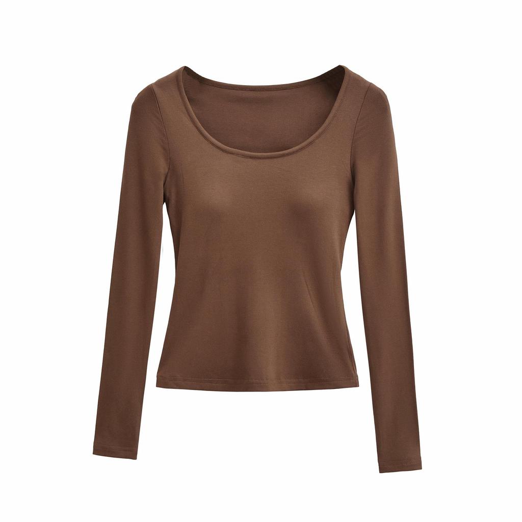 2025 Autumn/Winter Women's Sexy Slim-Fit Long-Sleeve T-Shirt with Built-in Bra and U-Neck