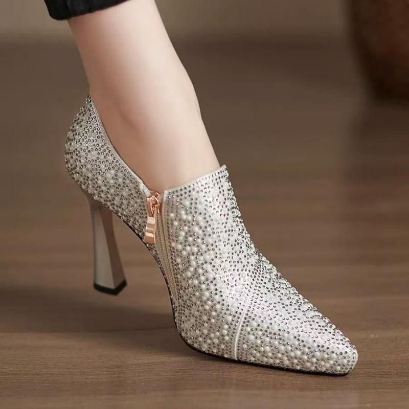Scarpe con Tacco Alto Strass Scarpe Sexy a Punta Alta Scarpa Singola Lusso Perla Cristallo Scarpa da Sposa Pumps Color Champagne Scarpe da Sposa