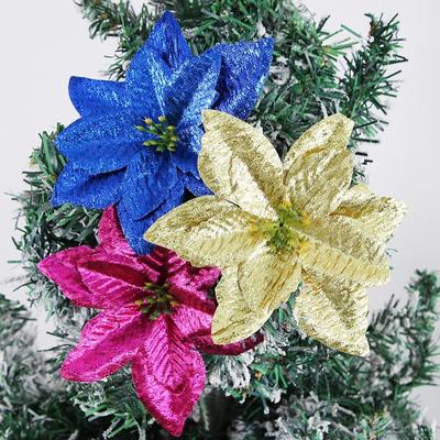 15cm Weihnachtsglitzer Poinsettia Blume Groß Beflockt Künstliche Weihnachtsblume Pailletten DIY Kranz Simulierte Blütenkopf