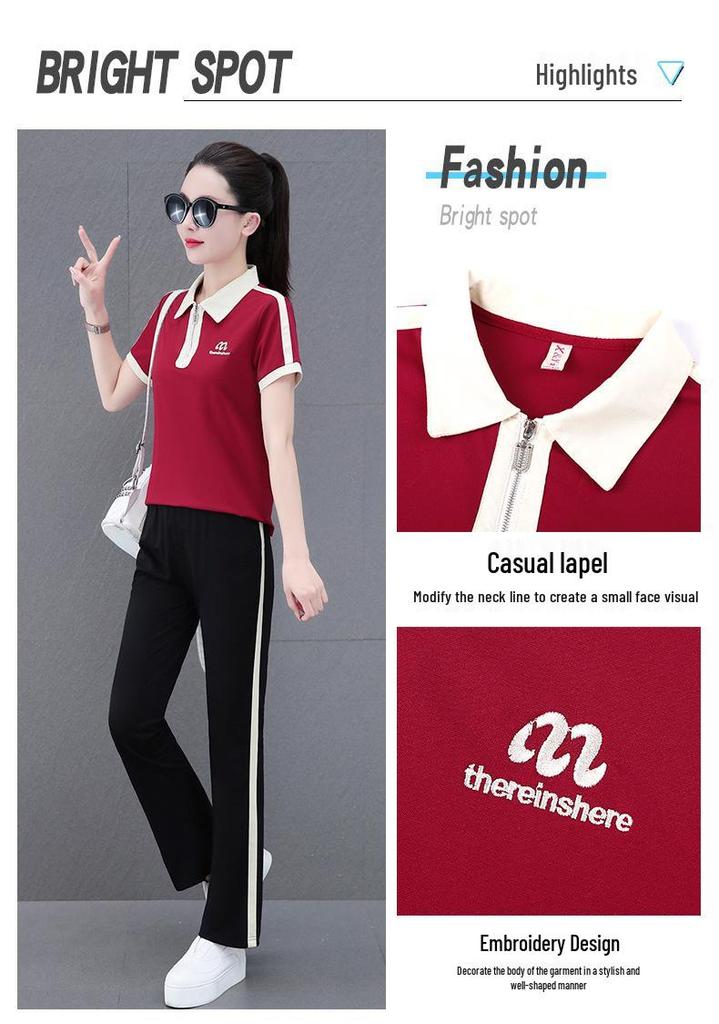 2024 Women's Ice Silk Summer Sports Two-Piece Set: Stylish Short-Sleeve Top & Long Pants