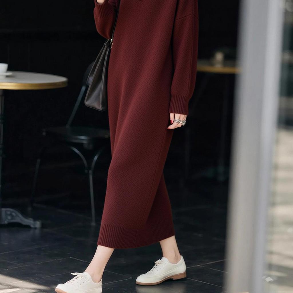 60314 Winter Knit Hooded Long Dress - Plus Size, Loose Fit, Long Sleeve, Over-the-Knee, Stylish for Autumn and Winter