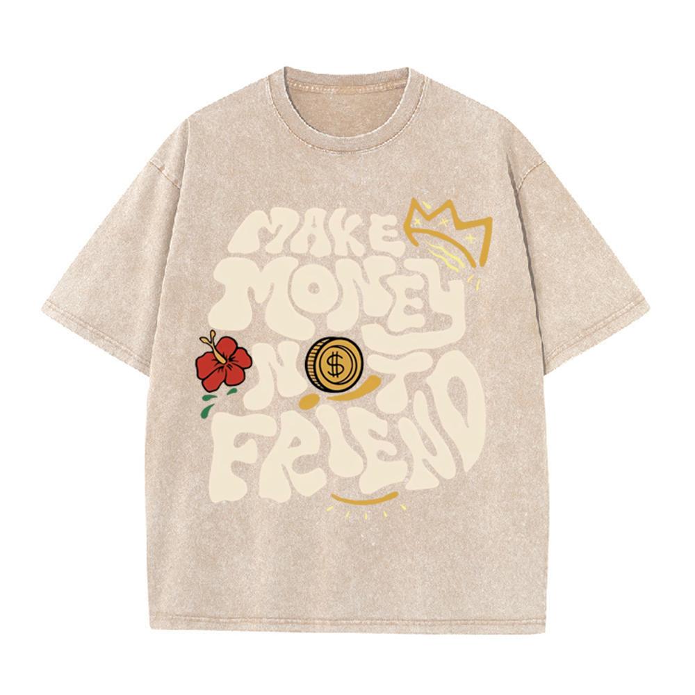 2026 Vintage Washed Black Make Money Not Friend Bubble Letter Graphic T Shirt Crown Coin Floral Oversized Streetwear Short Sleev