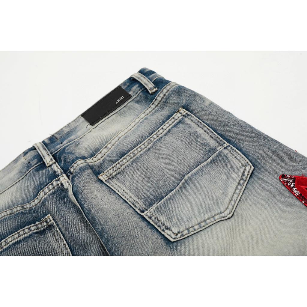 Amiri Trendy American Style Internet Famous Jeans with Fabric Patches, Torn Holes, Embroidery, Casual Trendy High Street Pants