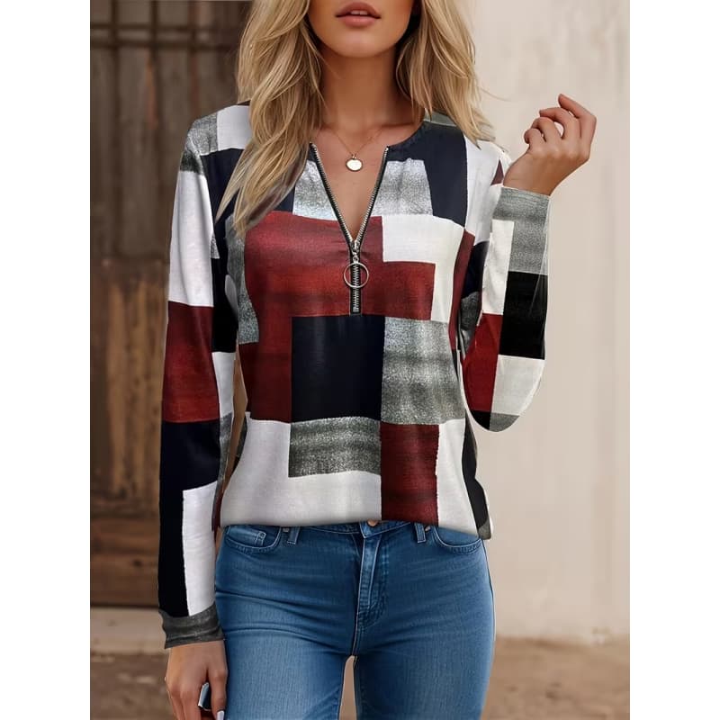 Kreatives bedrucktes Reißverschluss-Langarm-T-Shirt für Damen, atmungsaktiv, weich und bequem, geeignet für lässige Kleidung das ganze Jahr über