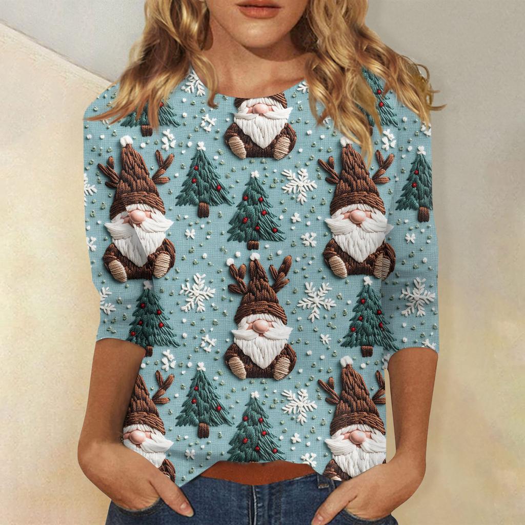 Women's Fashionable Casual Three-Quarter Sleeve Christmas Print Round Neck Top