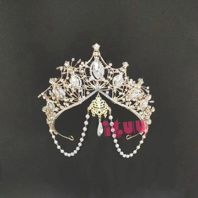 

Lolita Angel Wings Gold Sun Leaves Spiked Sunburst Halo Crown Headpiece Goth Crystal Pearl Pendant Holy Crown Bride Wedding Gift