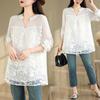 DIMANAF 2025 Summer Plus Size Short Sleeve Lace T-Shirt Floral Women Solid Loose White Tops Tees