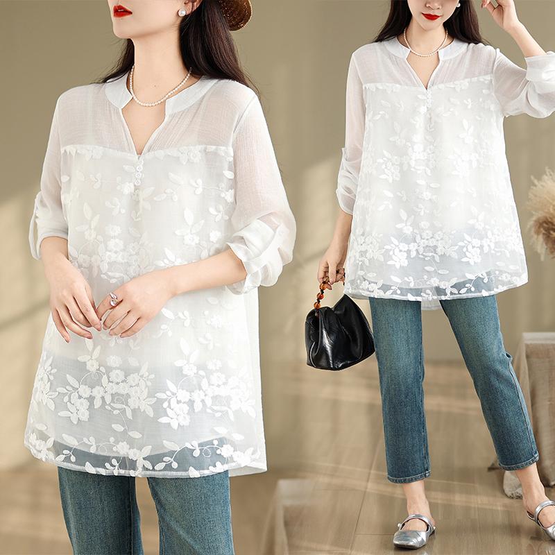 DIMANAF 2025 Summer Plus Size Short Sleeve Lace T-Shirt Floral Women Solid Loose White Tops Tees