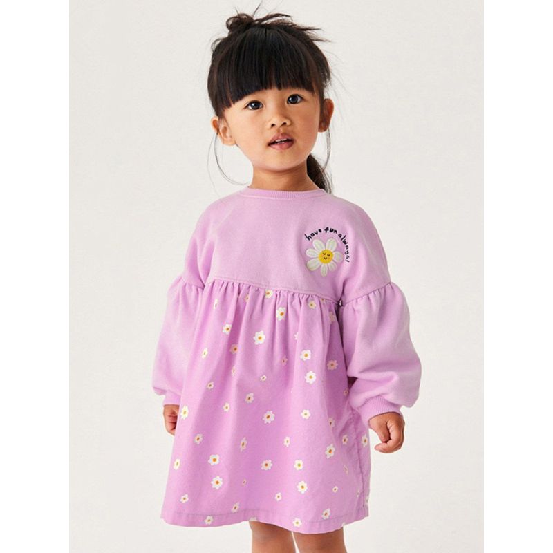 Girl Purple Little Daisy Long Sleeves Dress Baby Pure Cotton Spring and Autumn Clothing Children Toddler Mid Length Long Length Sweatshirt Skirt