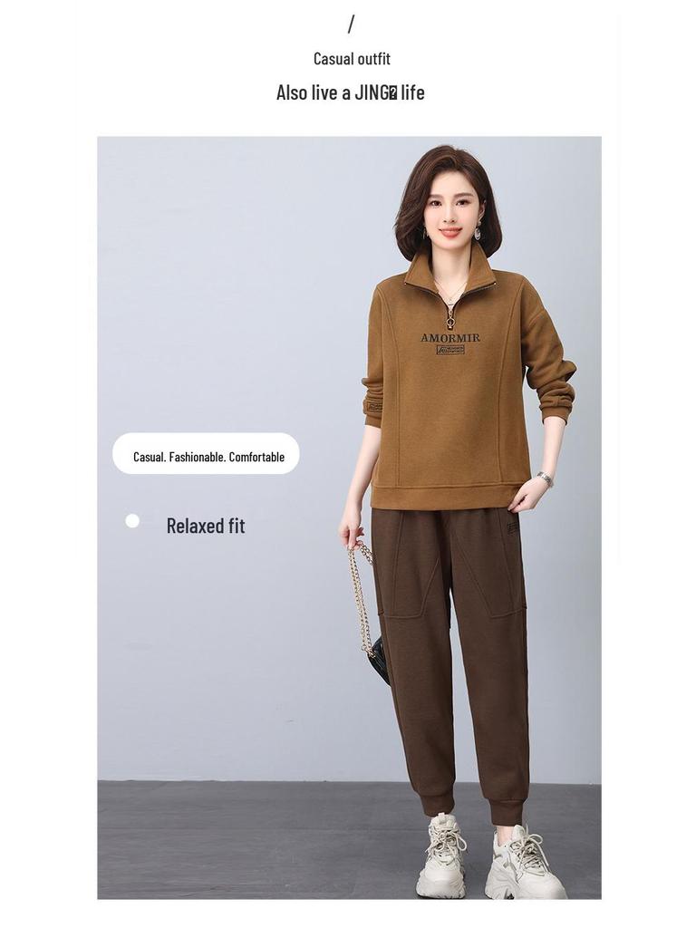 Women's High Neck Fleece Sweatshirt, Turn-Down Collar, 2024 Autumn/Winter, Petite, Thick Zip-Up Top for Moms