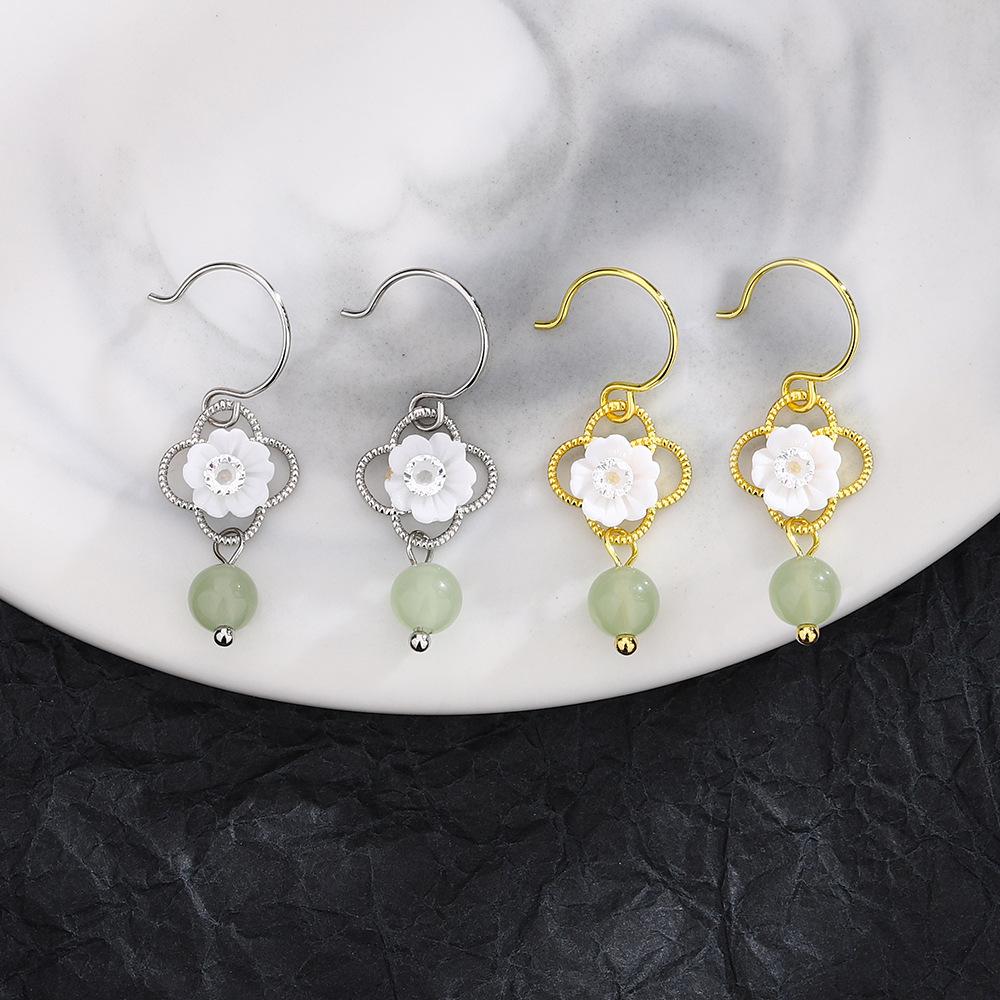 Hetian Jade White Flower Earrings Celebrity Court Style Camellia Ear Hook Hollow Four-Leaf Clover Zircon Flower Earrings