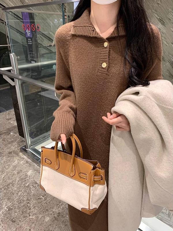 Women's French Knit Lapel Sweater Dress with Coat, Autumn/Winter Style - Loose, Long, Over-the-Knee, Thick Design