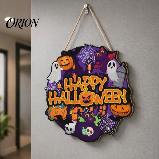 Thickened Solid Wood Pendant Happy Halloween Wooden Door Hanger Sign for Household Front Porch, Cute Ghost Pumpkin Sunproof Holiday Printed