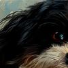 1Pc Oil Painting Dog Shower Curtain - Black & White Portrait, Teal Background, Polyester, Hand Wash, Summer Bathroom Decor