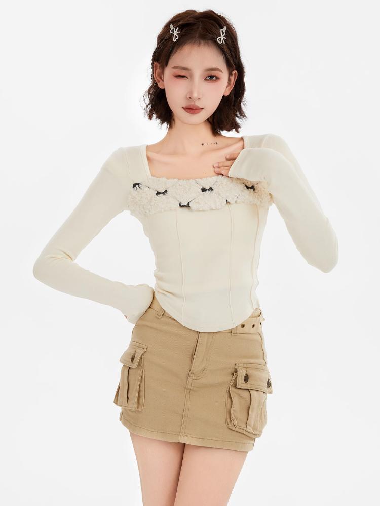 Y2K Vintage Slim T Shirts Women Autumn Winter Bottoming Crop Tops Patchwork Long Sleeve Tees Korean Fashion Pullover