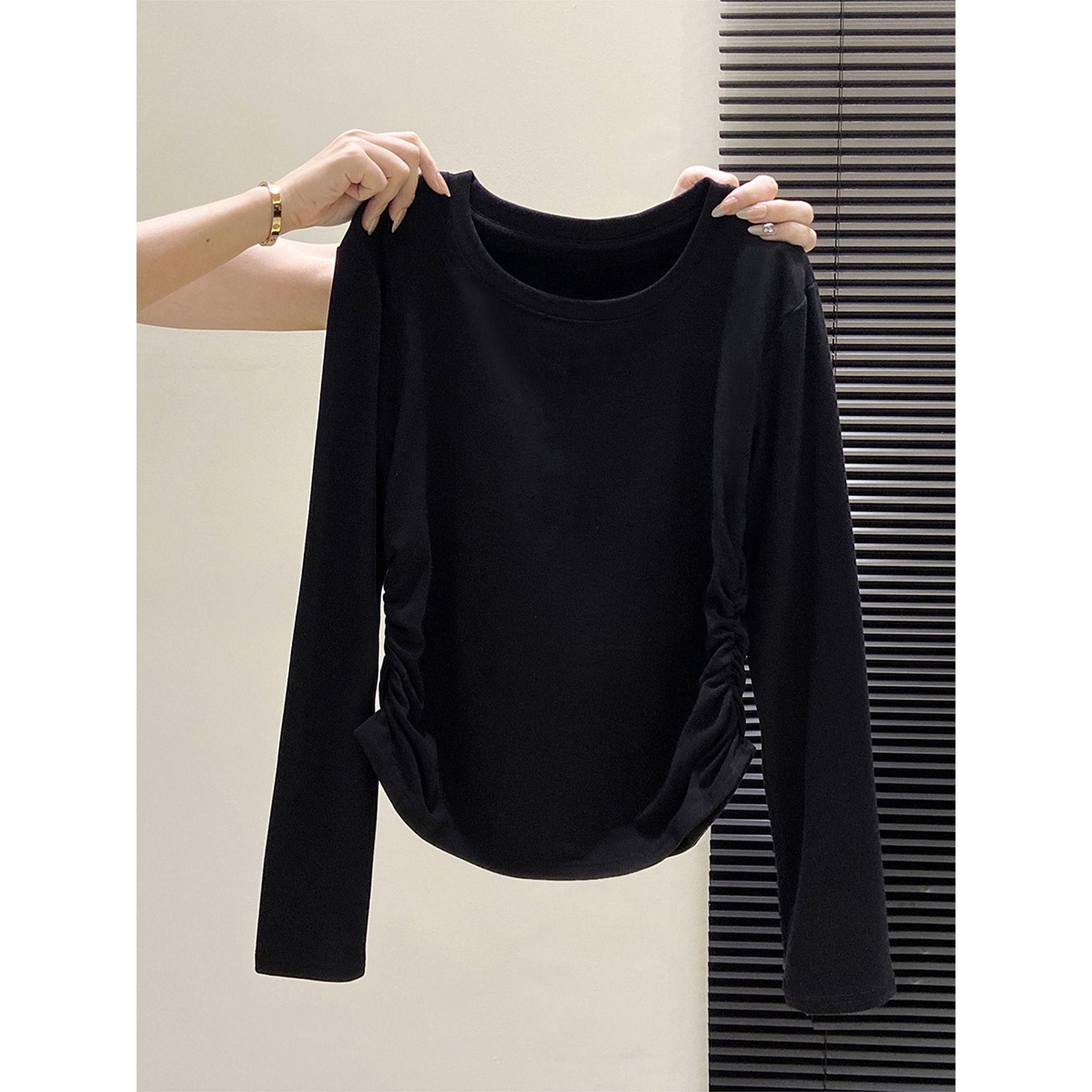 

Women s Pleated, Cinched Waist Long-Sleeve T-Shirt with Fleece Lining and Irregular Hem for Autumn and Winter. L