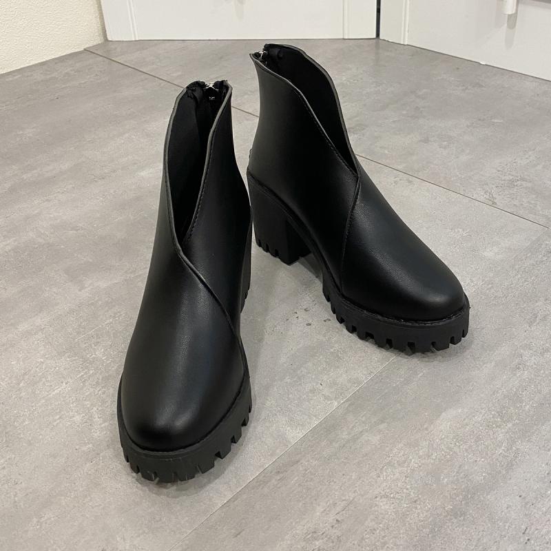 Fashion Sexy Solid Black Pu Ankle Boots Women 2025 Autumn Fashion Thick Bottom High Heel Rear Zip Boots Comfort Non Slip Modern Booties