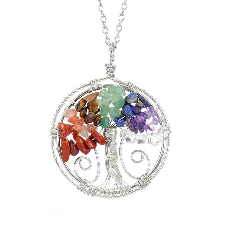 Hand-Wound Natural Gravel Crystal Tree Of Life Double Circle Pendant Necklace Fashion Jewelry N100