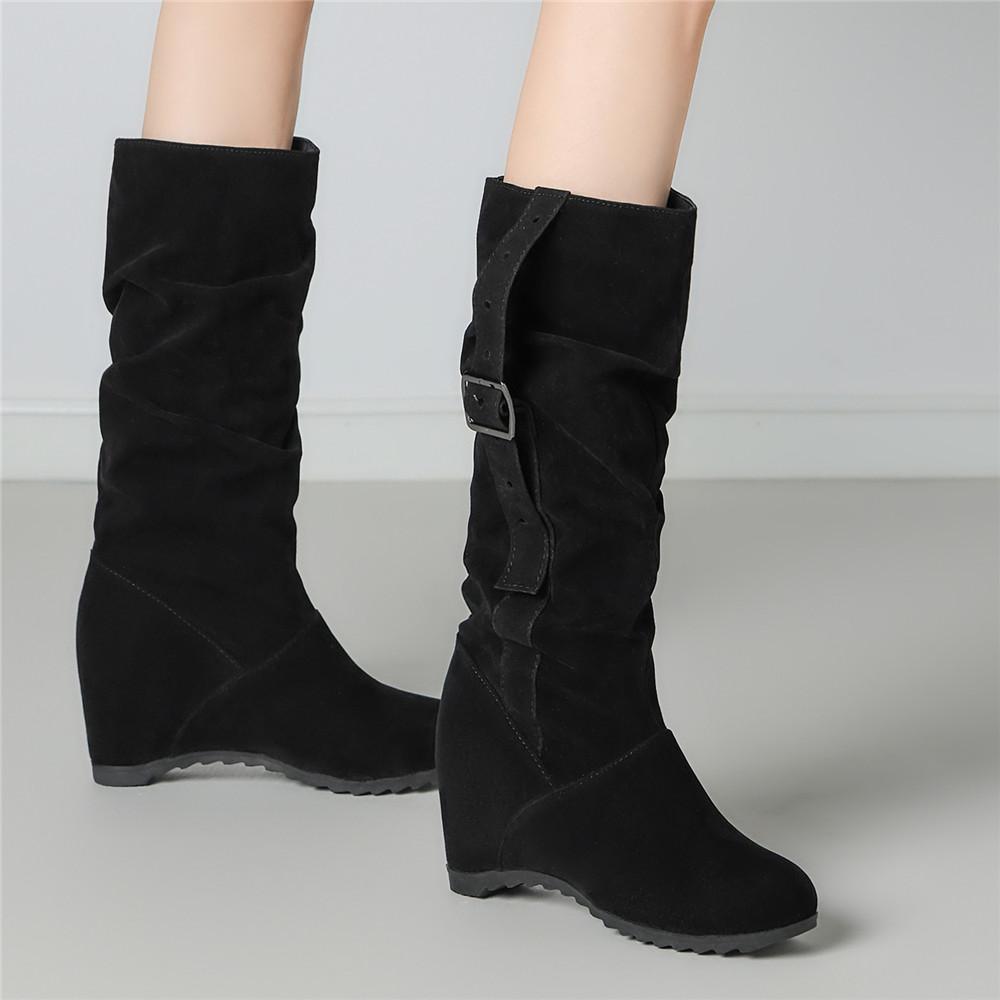 Fashion Mid calf Women's Internal Height Boots Women Shoes High Quality New Round Toe Solid English Style Fashion Casual Buckle Pleated