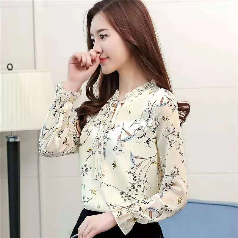

Женская рубашка с длинными рукавами и цветочным принтом, корейский свободный тонкий свежий топ с круглым вырезом и завязкой, простая модная рубашка для поездок на работу 4XL recommends 138-73.5kg