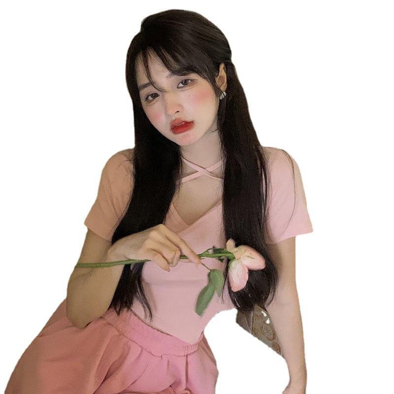 Trendiges pinkes Slim-Fit Asymmetrisches Top & Shorts Lässiger Sommeranzug für Damen