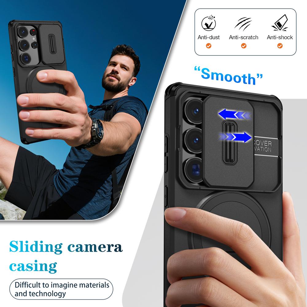 KEYSION Shockproof Magnetic Case for Samsung Galaxy S24 S25 Ultra S25+ S24 FE Slide Camera Protect Kickstand Wireless Charging Phone Cover