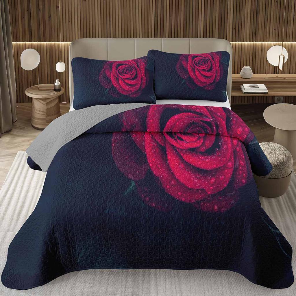 Romantic Rose Bedspread Queen/King/Twin Botanical Floral Coverlet Valentine's Day Quilted Bedding Set for Girls Women Room Decor