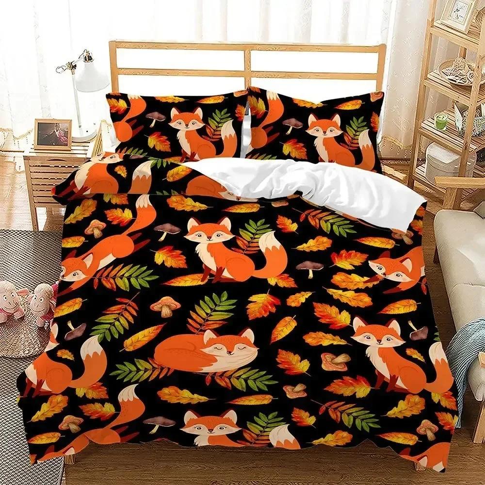 Lovely Cartoon Fox Bedding Set Animal Bed Linen Quilt Duvet Cover Set Home Decor Twin Single Queen King Size Fashion Kawaii Gif