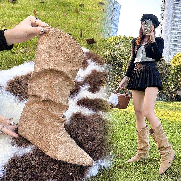 Mode Gefalteter Samt Western Cowboy Stiefel Damen Herbst Winter Neu Spitz Zehen Hoher Absatz Umschlagkragen Mid-Calf Stiefel Overknee Stiefel