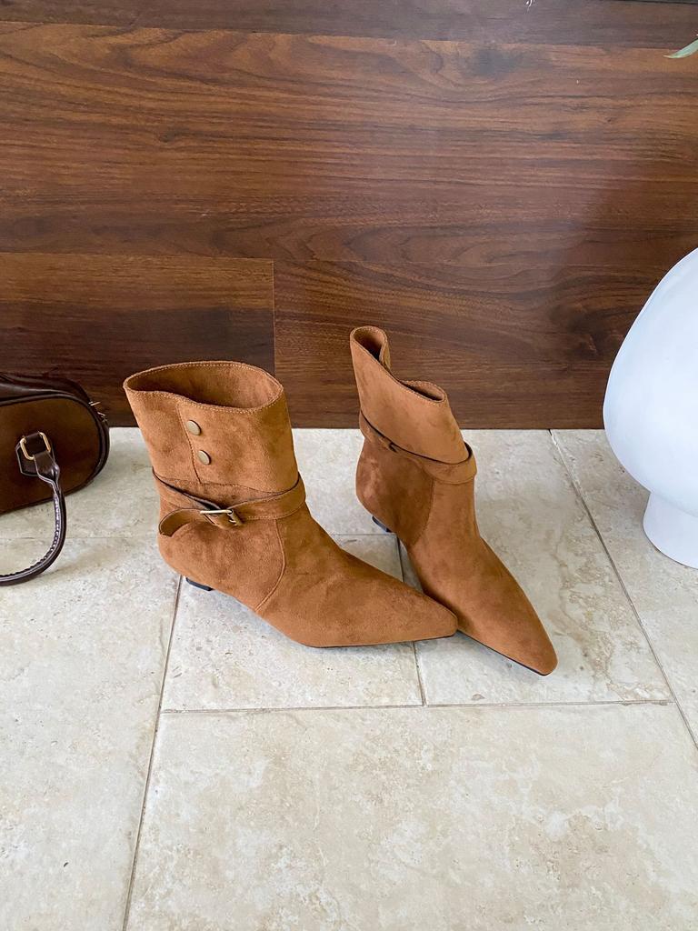 Pointed Belt Buckle Knight Boots Women's New Thick Heel Suede Western Cowboy Boots Medium Tube Stack Boots