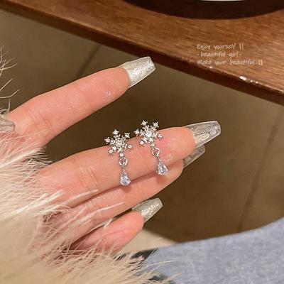 Korean Trendy S925 Silver Snowflake Zircon Earrings