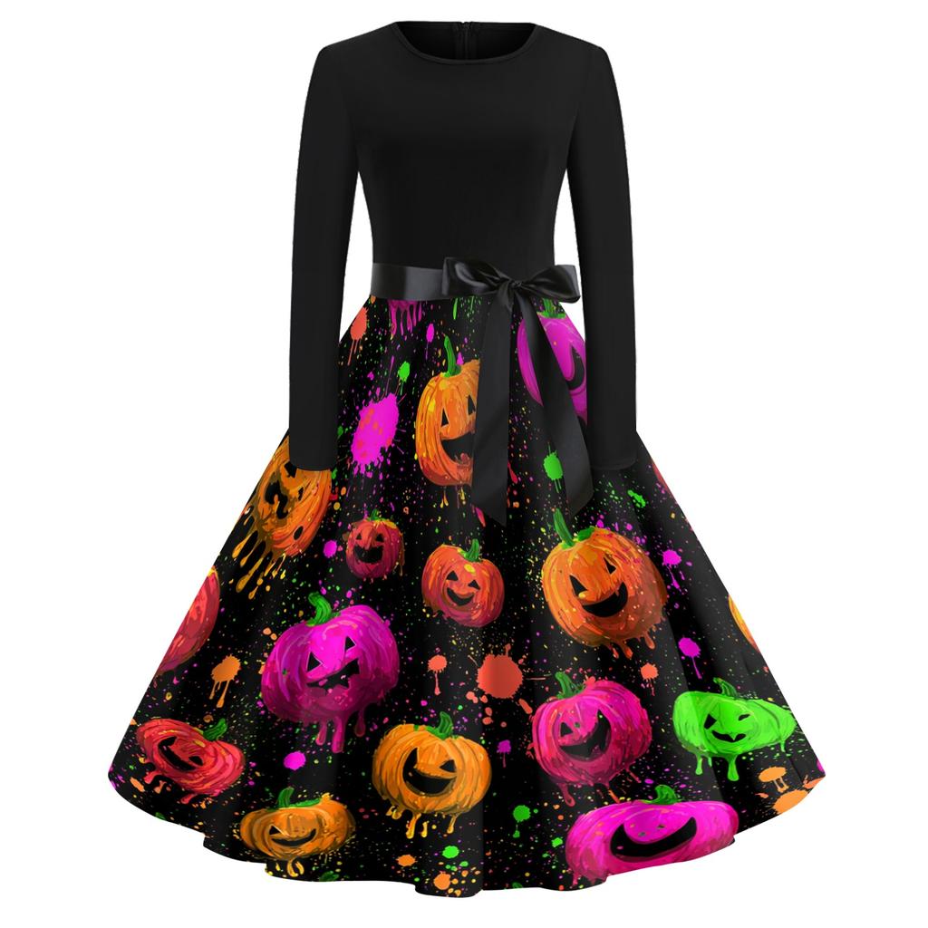 Women's Casual Vintage Halloween Dress Long Sleeve Round Neck A-Line Retro Print Midi Dress with Waist Tie for Autumn and Winter