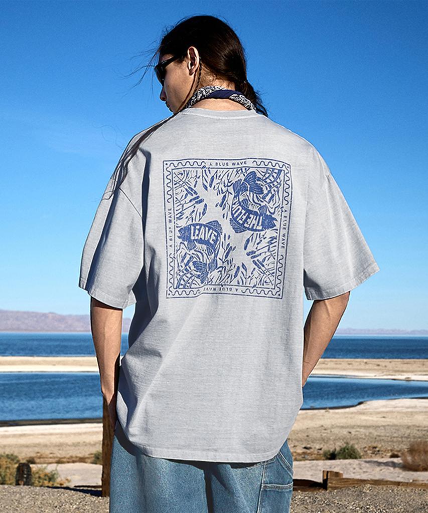Peullukeu Blue Wave Pigment Short Sleeve T-Shirt Light Gray Fst733
