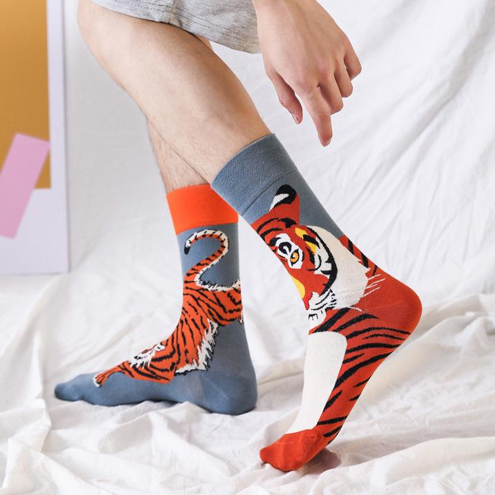 Personalized Cartoon AB Mismatched Socks Fashion Crew Couple Cotton Socks Women's Fancy Flower Fruit Tiger Print Funny Socks
