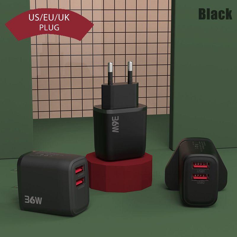 Dual USB 36W Mobile Phone Charger - 5V/2A Adapter for EU/US/UK Standards
