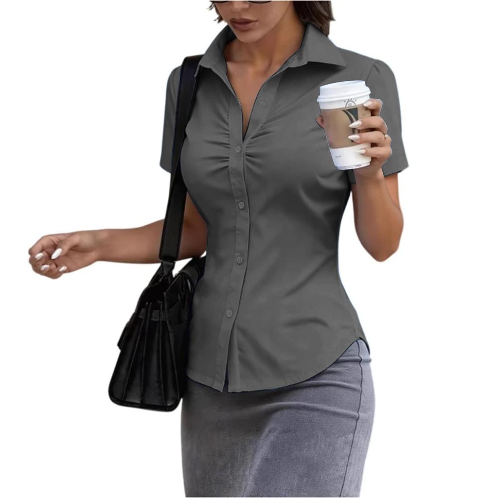 Women's Short Sleeve Button Down Shirt Slim Fit Collared Blouse Office Workwear Casual Top with Ruched Front Design