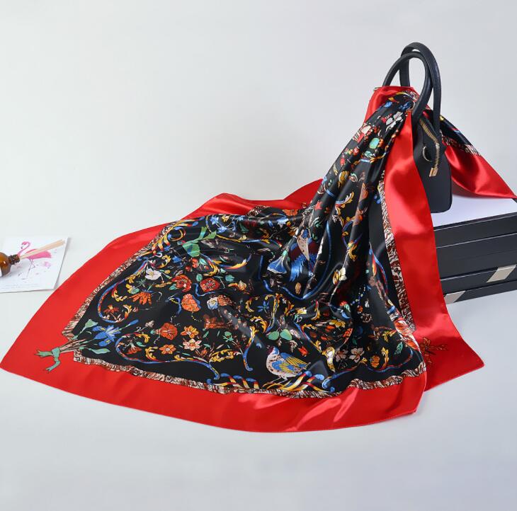 Modischer Seidenschal Damen Blumenmuster Satin Kopf Hijab Schals Luxus Foulard Farben Quadratische Schals Strandtücher 90X90cm
