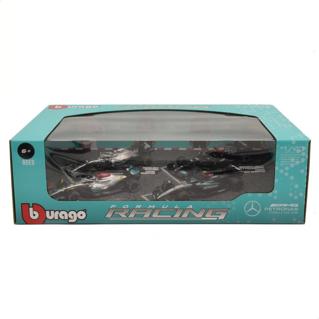 Bburago 2024 Edition Scale F1 Petronas Lewis Hamilton Set of 4 Diecast Model Cars 1/43 Mercedes-AMG #44 (Helmetless) / (Assembled) 18-38093