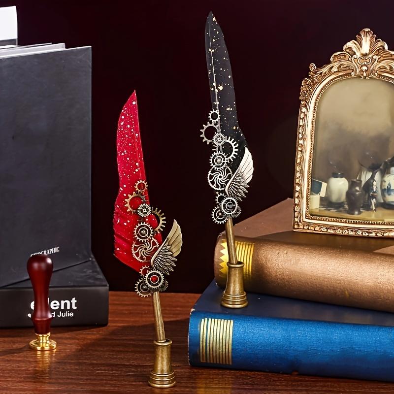 Ambidextrous Mechanical Calligraphy Pen with 5 Personalized Metal Tips, Medium Point, Round Body, Decorative European Retro Feather Quill for Beginner