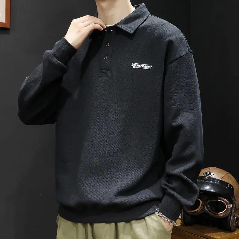 

Мужская серая свободная толстовка-поло - осенний стиль 2023 года, модный длинный рукав 4XL (160-175 jin)