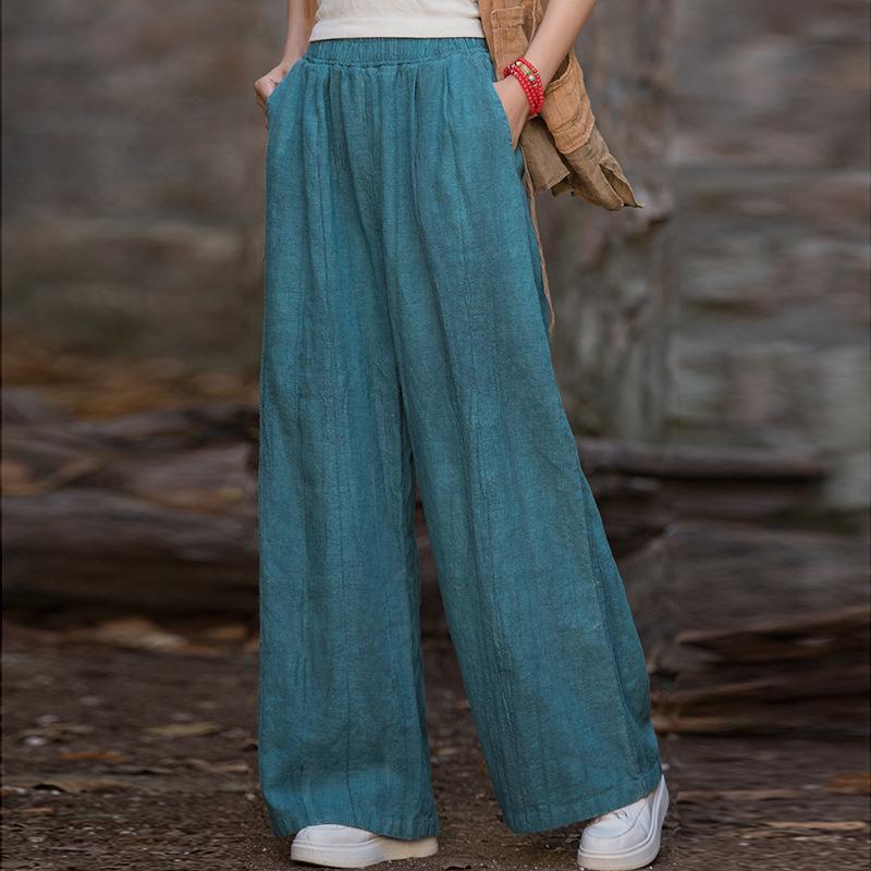 Women's Tie-Dye Cotton & Linen Wide-Leg Trousers with Velvet & Thickened Ramie