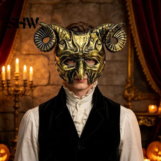 Lightweight Comfortable Headwear Gothic Goat Head Masque with Horns, Adult Demon Skull Secret Room Role Play Masque, Scary Animal Cosplay Costume for