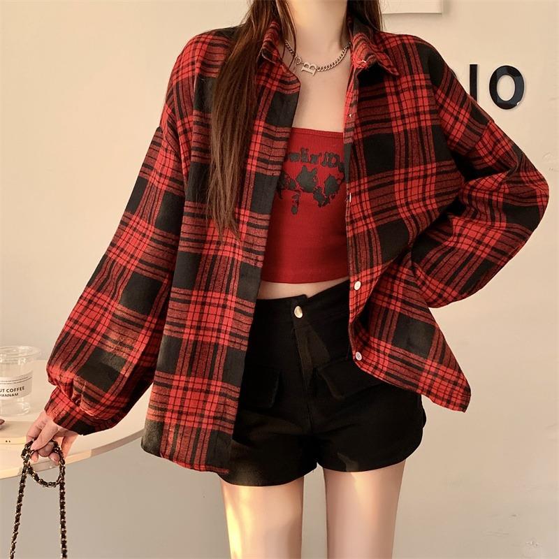 Camicie a quadri larghe semplici vintage primaverili da donna, moda a maniche lunghe, taglie forti, casual, camicette da donna, monopetto, slim, da ufficio, da donna, 26107